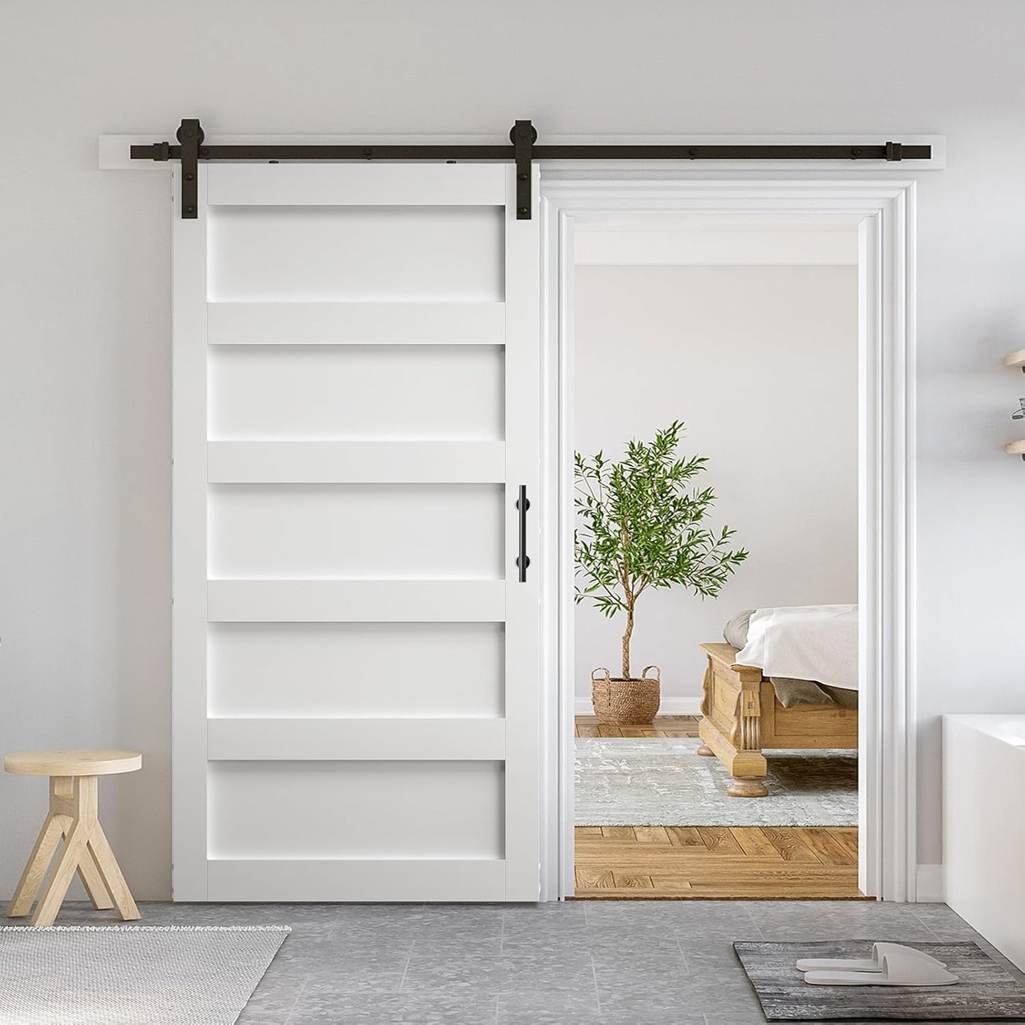 SmartStandard 40 x 84 inch White Slidng MDF Barn Door with 7FT Black Sliding Door Hardware Kit & Handle, Pre-Drilled Ready to Assemble, Waterproof PVC Coating, 5-Panel