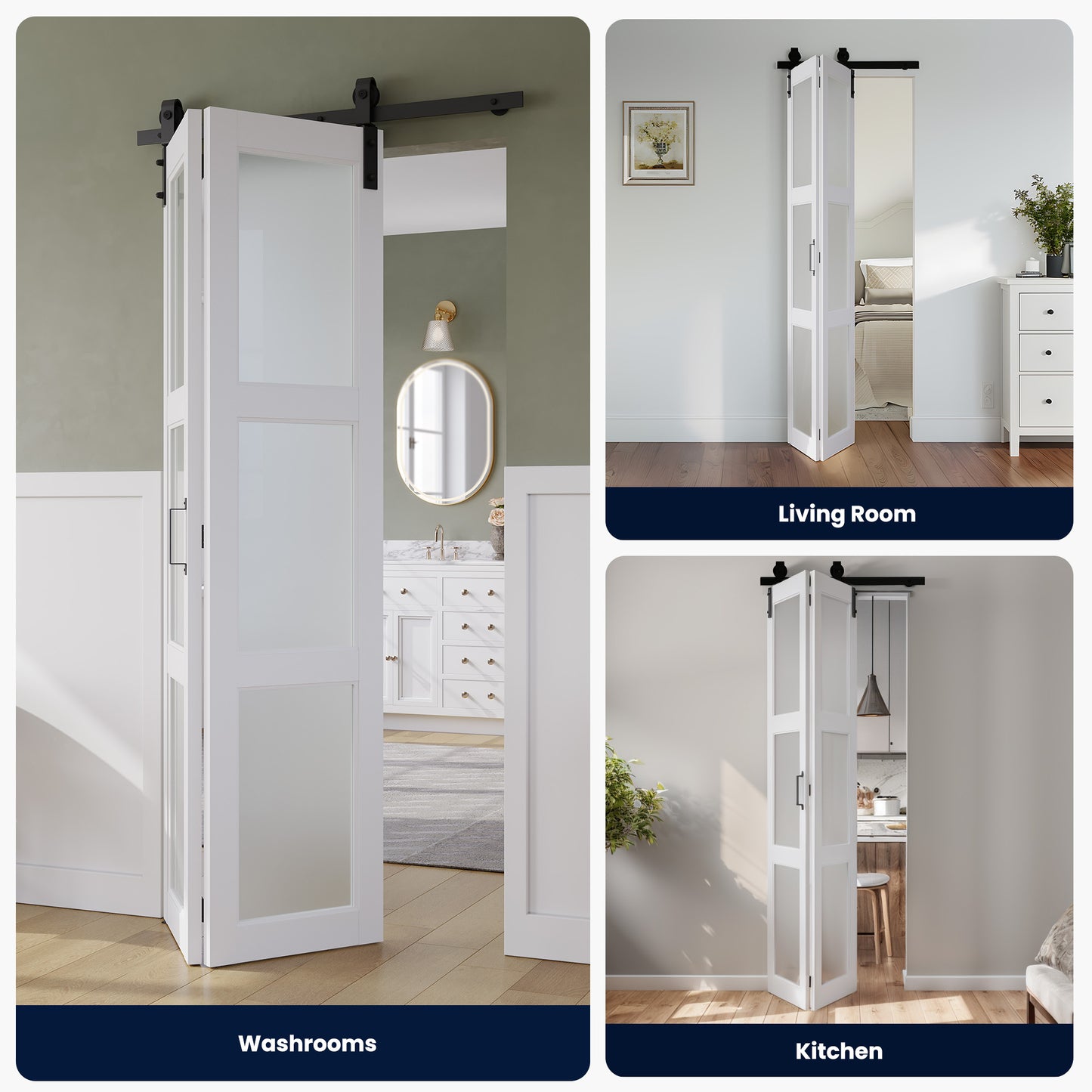 SMARTSTANDARD 24 x 84in Frosted Glass Bifold Barn Door with Hardware Kit | Pre-Drilled Holes Easy Assembly -Solid Barn Doors Slab Covered with Water-Proof PVC Surface, White