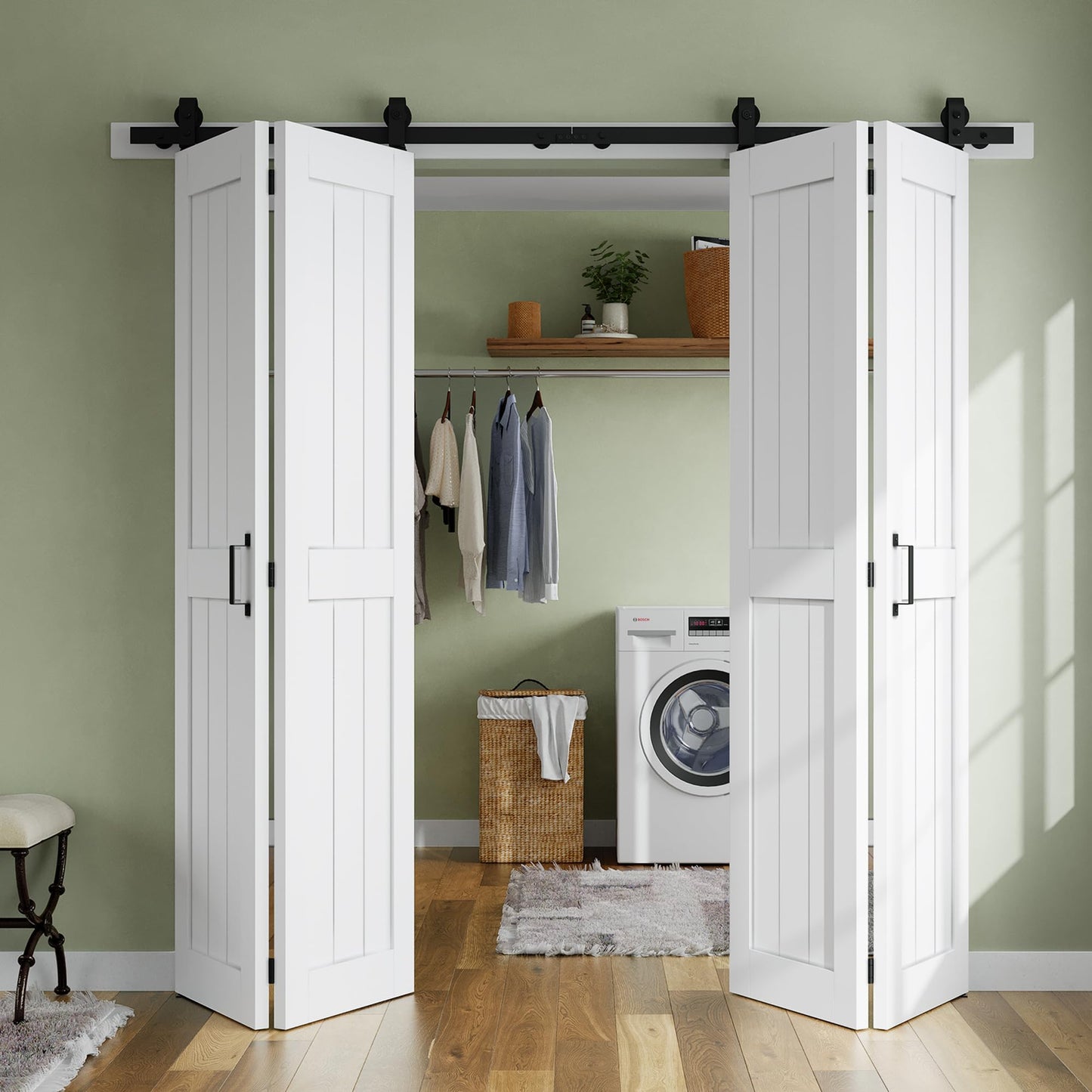 SMARTSTANDARD Bifold Barn Door 56'' x 84'',Bi-Fold Sliding Closet Doors， Hardware Kit Included,64'' Track Kit for 4 Doors,Waterproof &amp; Quiet,Pre-Drilled Holes Easy Assembly,White