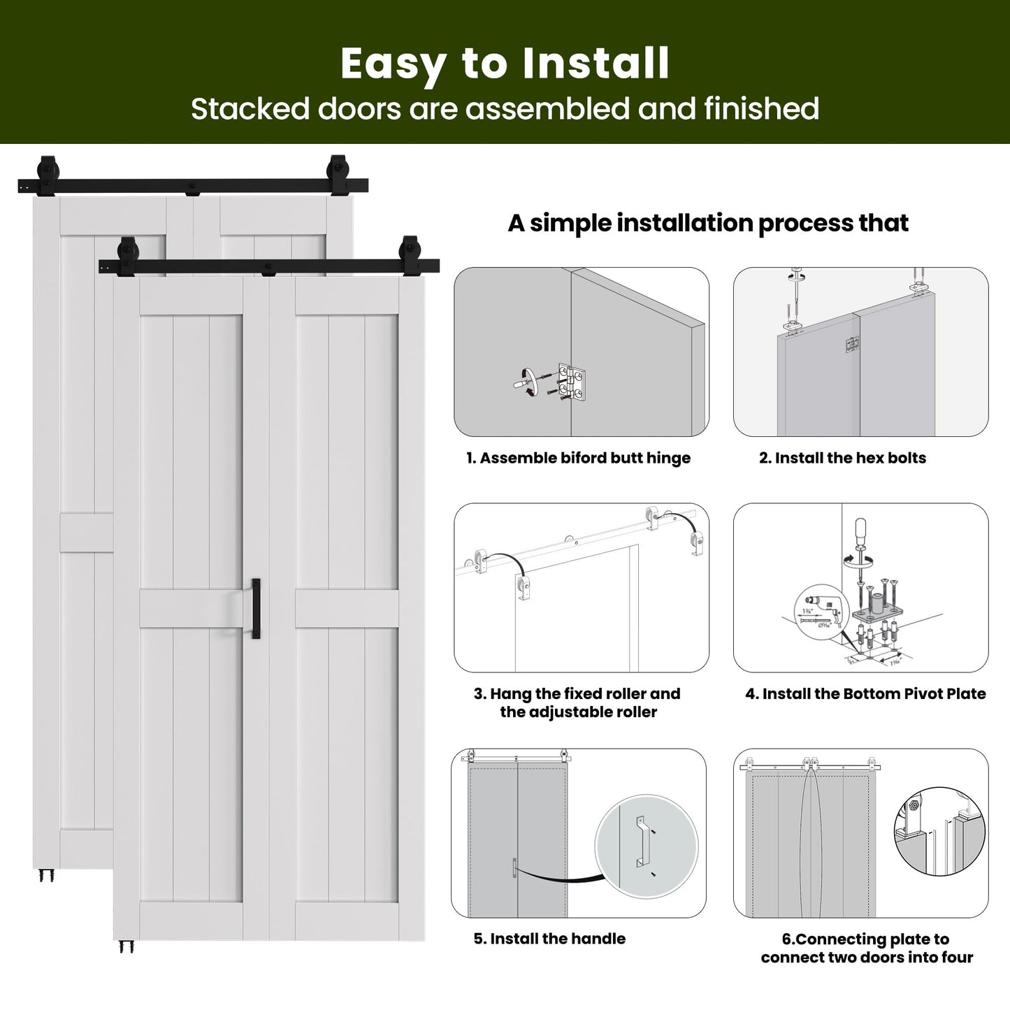 SMARTSTANDARD Bifold Barn Door 56'' x 84'',Bi-Fold Sliding Closet Doors， Hardware Kit Included,64'' Track Kit for 4 Doors,Waterproof &amp; Quiet,Pre-Drilled Holes Easy Assembly,White