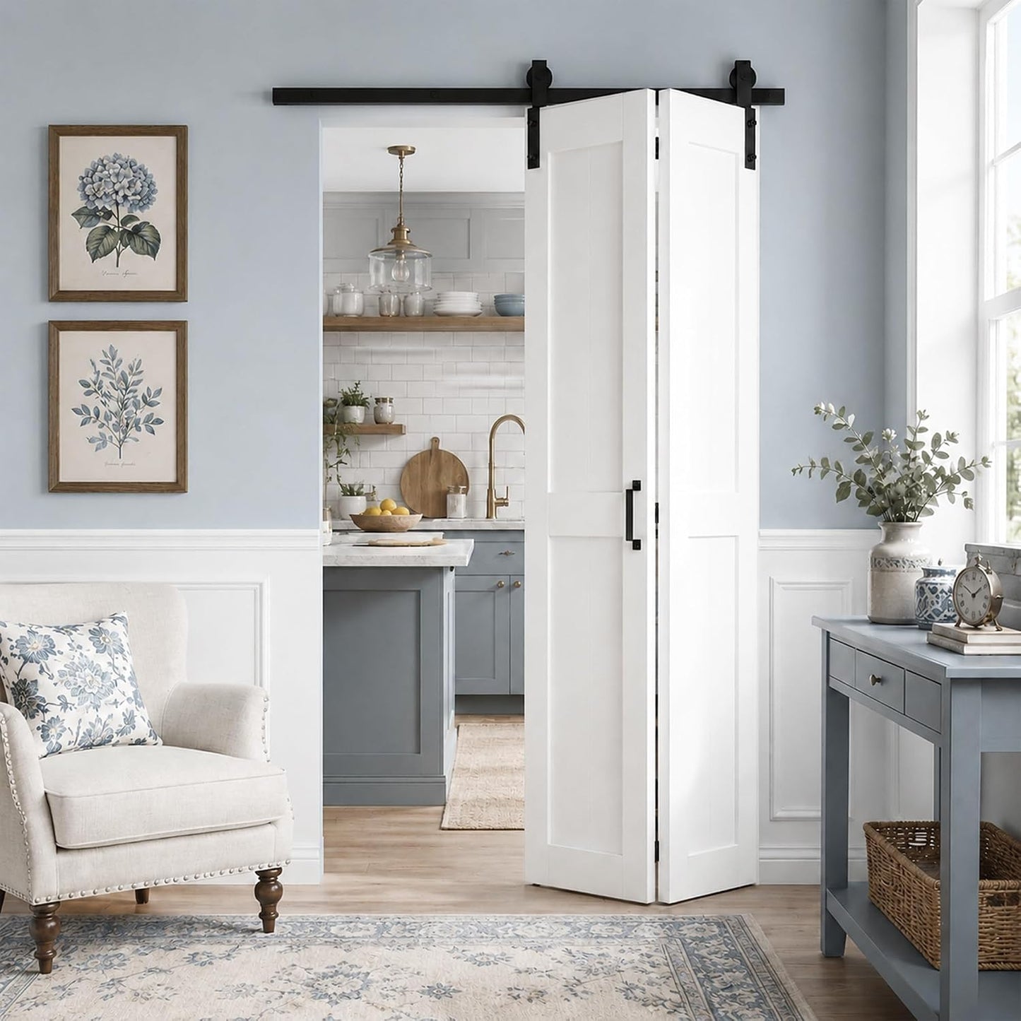 SMARTSTANDARD 32" x 84" H-Shape Bifold Barn Door with Hardware Kits | Double 16" MDF Panels Bi-Fold Closet Doors, Waterproof PVC Surface, Pre-Drilled Folding Doors for Bedroom Pantry