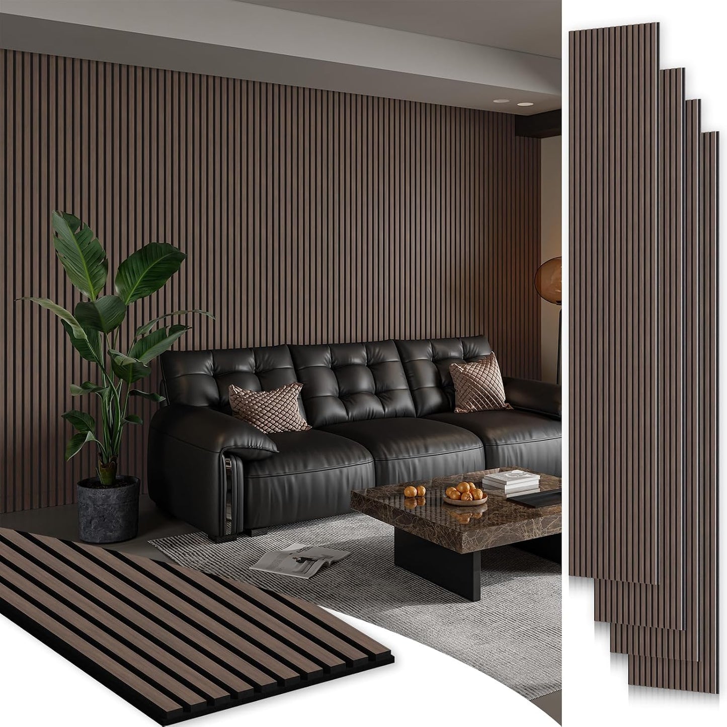 SMARTSTANDARD 4 Pack 105.9" x 12.6" Wood Slat Wall Panels, Dark Walnut | Soundproof Wooden Wall Panels, Acoustic Wood Panels for Wall, 3D Fluted Wood Panels for Interior Wall Decor, Dark Walnut