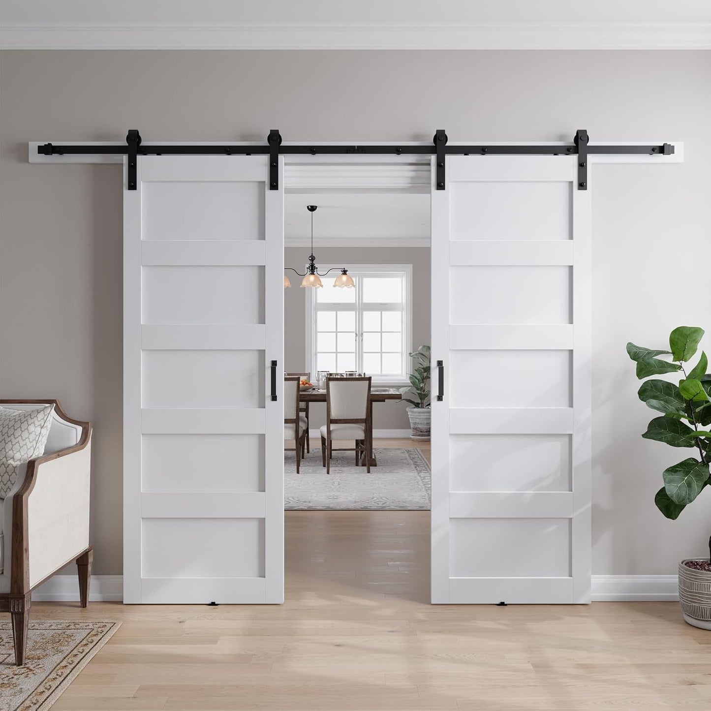 SMARTSTANDARD 60in x 84in White Barn Door with 10FT Sliding Hardware Kit | Double 30x84 Door, Solid MDF Slab, 5-Panel, Suitable for Openings up to 58in x 82in