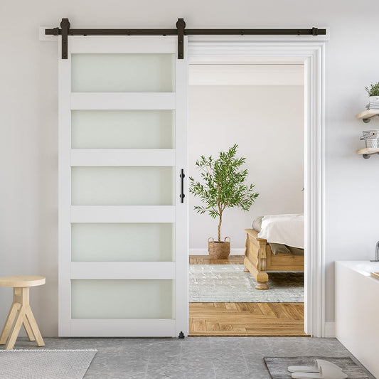 SMARTSTANDARD 34 x 84 in Glass Barn Door with 6FT Sliding Hardware Kit | Pre-Drilled Ready to Assemble, Waterproof PVC Coating, White, 5-Panel Glass
