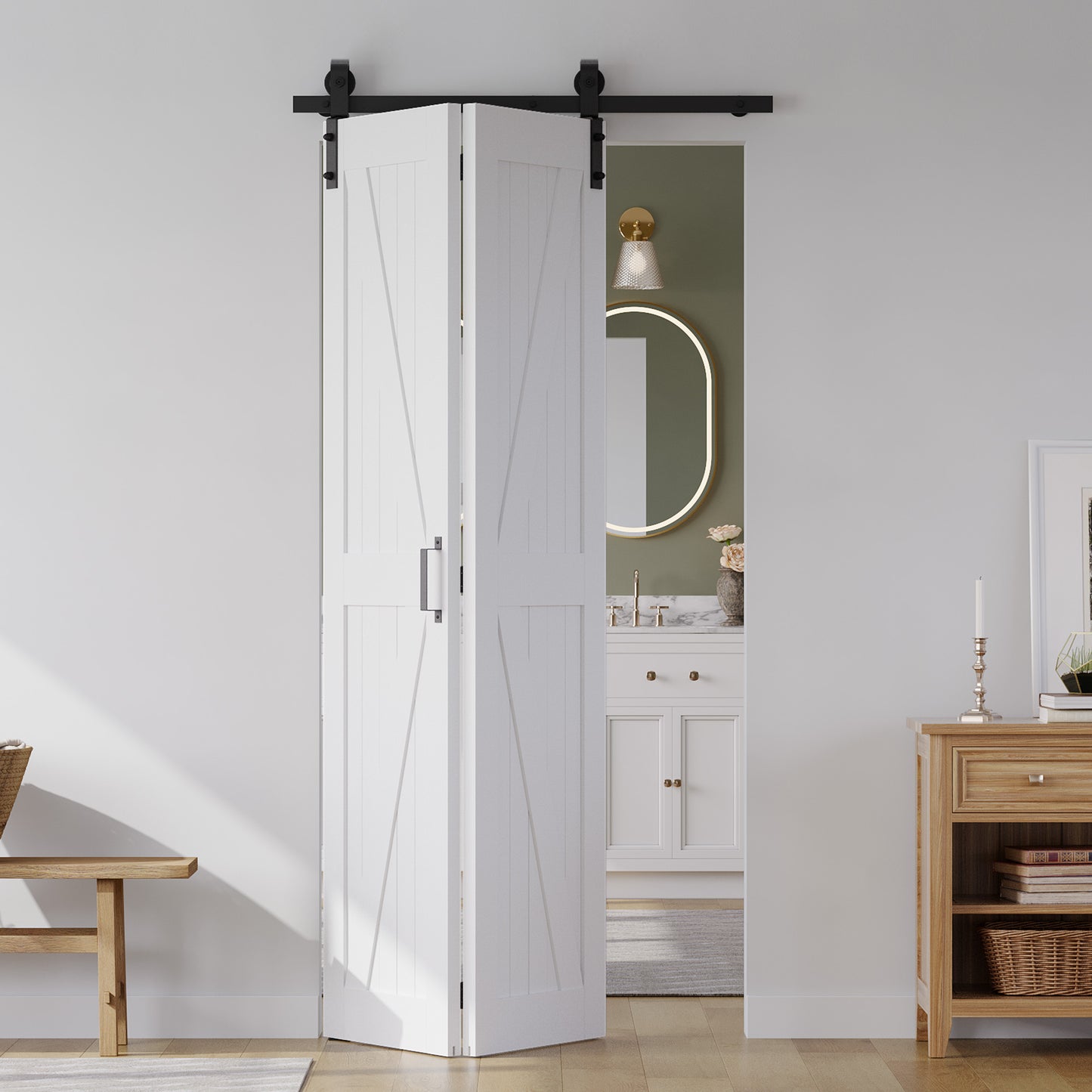 SMARTSTANDARD 28" x 84" Bifold Sliding Barn Door, K Shaped Panel with Sliding Hardware Kit Set, Finished Closet Door Slab, 2.67FT Track for 2 Doors, MDF, White