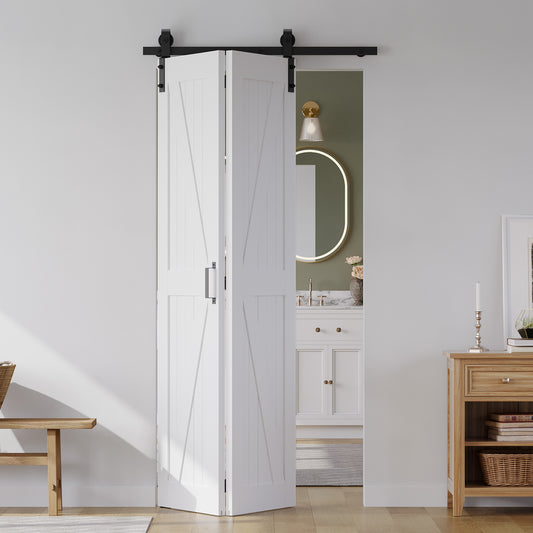 SMARTSTANDARD 28" x 84" Bifold Sliding Barn Door, K Shaped Panel with Sliding Hardware Kit Set, Finished Closet Door Slab, 2.67FT Track for 2 Doors, MDF, White