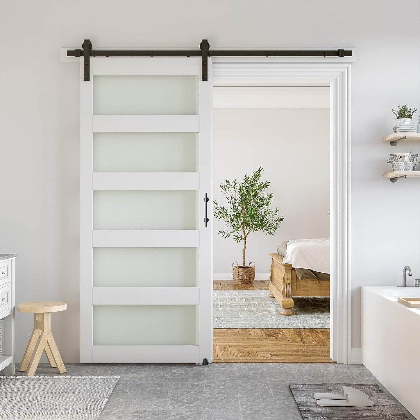 SMARTSTANDARD 36 x 96 in Glass Barn Door with 6.6FT Sliding Hardware Kit | Pre-Drilled Ready to Assemble, Waterproof PVC Coating, White, 5-Panel Glass