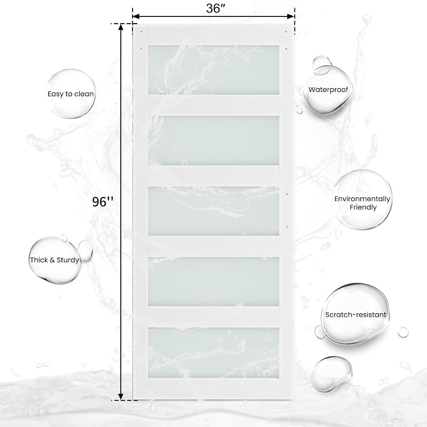 SMARTSTANDARD 36 x 96 in Glass Barn Door with 6.6FT Sliding Hardware Kit | Pre-Drilled Ready to Assemble, Waterproof PVC Coating, White, 5-Panel Glass