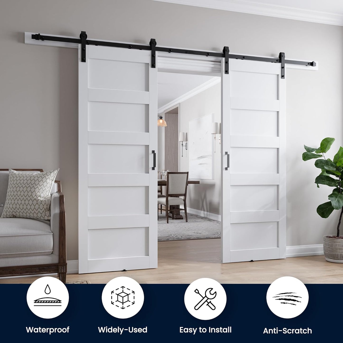 SMARTSTANDARD 60in x 84in White Barn Door with 10FT Sliding Hardware Kit | Double 30x84 Door, Solid MDF Slab, 5-Panel, Suitable for Openings up to 58in x 82in
