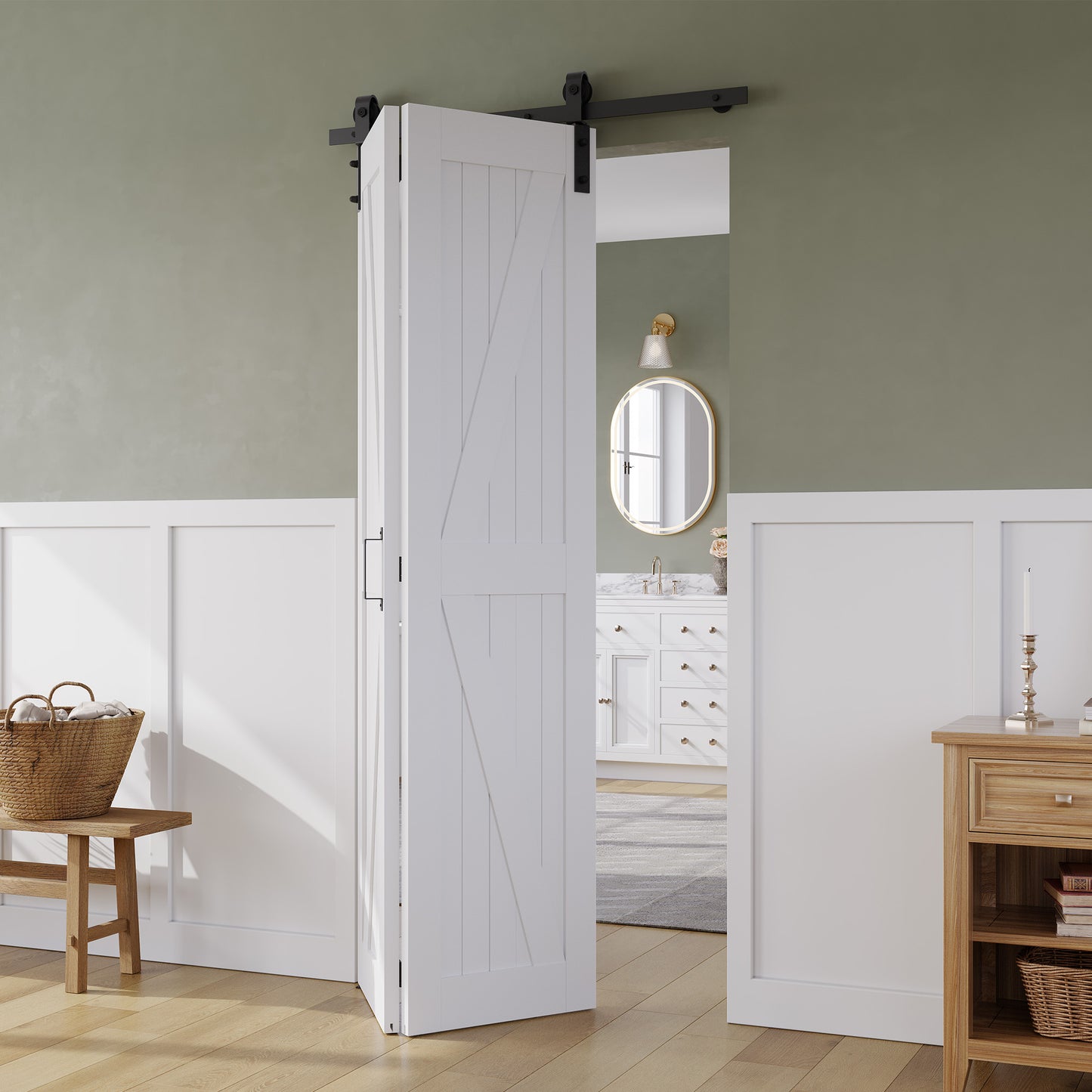 SMARTSTANDARD 28" x 84" Bifold Sliding Barn Door, K Shaped Panel with Sliding Hardware Kit Set, Finished Closet Door Slab, 2.67FT Track for 2 Doors, MDF, White