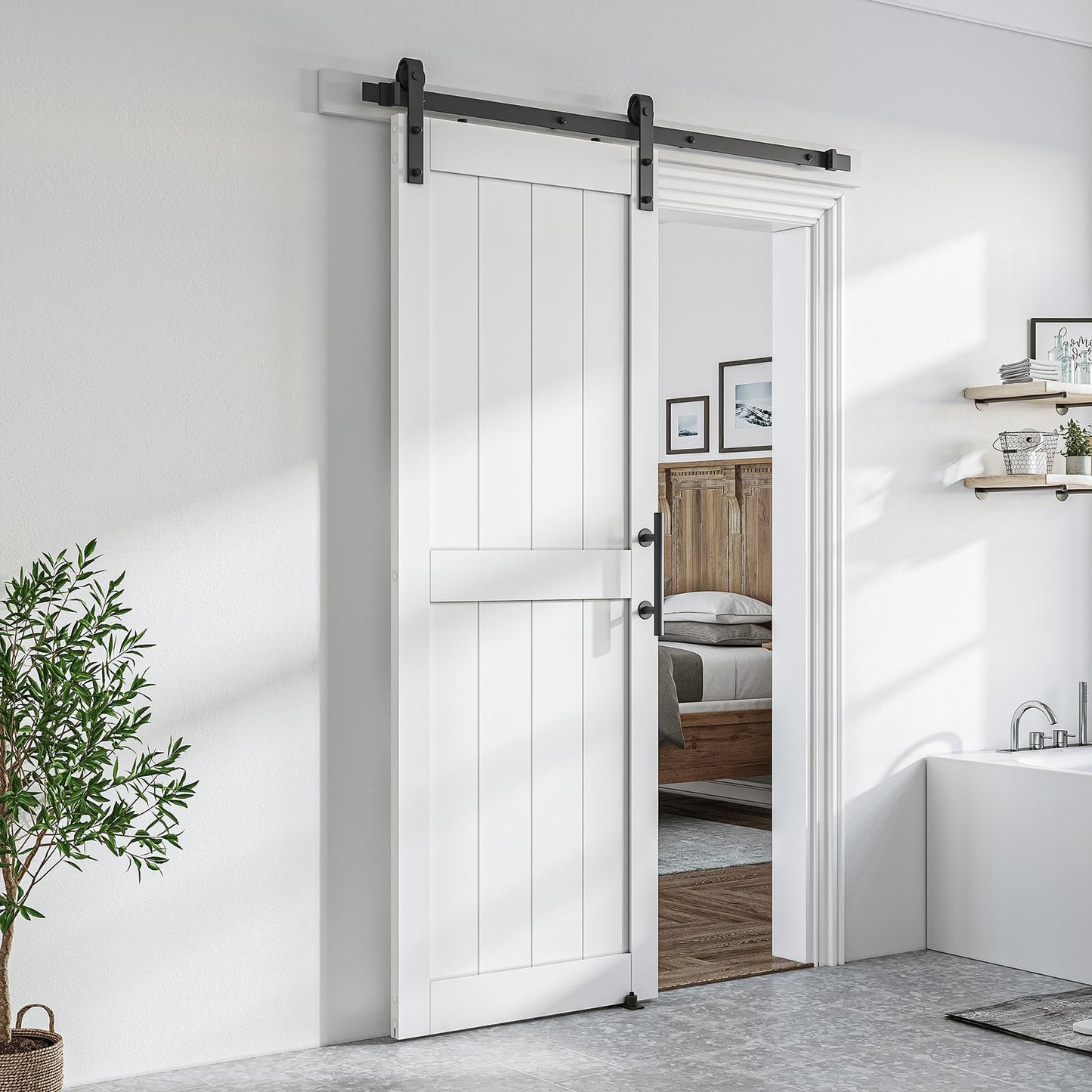 SMARTSTANDARD 30" x 80" White Sliding Barn Door with 5FT Black Hardware