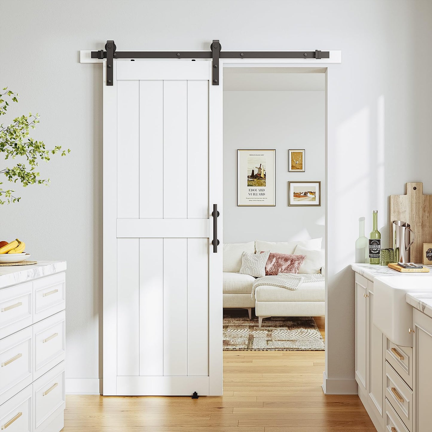 SMARTSTANDARD 30" x 80" White Sliding Barn Door with 5FT Black Hardware