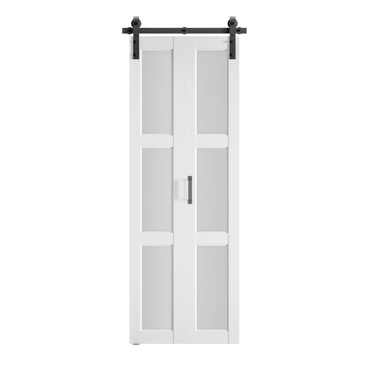 SMARTSTANDARD 24 x 84in Frosted Glass Bifold Barn Door with Hardware Kit, Pre-Drilled Holes Easy Assembly -Solid Barn Doors Slab Covered with Water-Proof PVC Surface, White