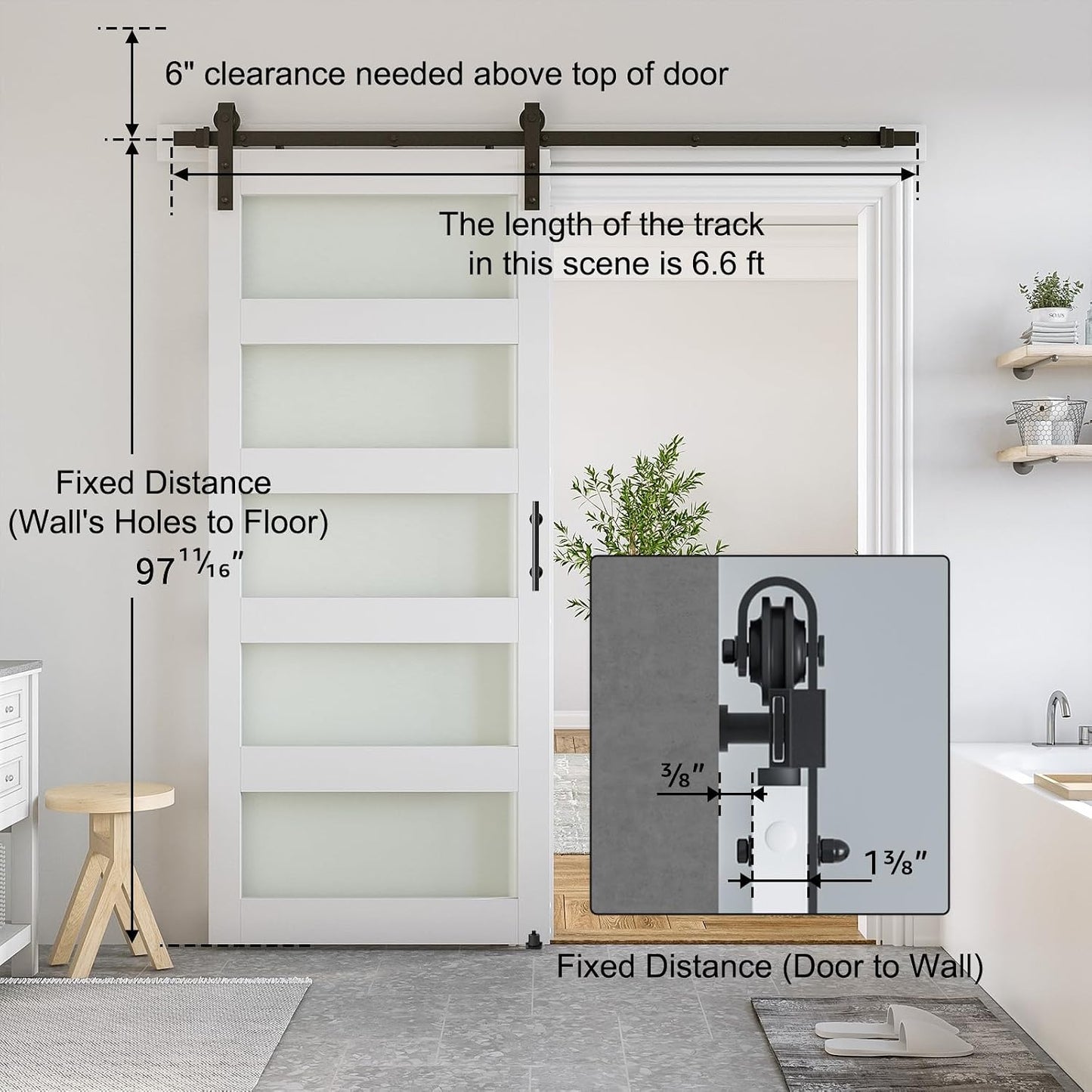 SMARTSTANDARD 36 x 96 in Glass Barn Door with 6.6FT Sliding Hardware Kit | Pre-Drilled Ready to Assemble, Waterproof PVC Coating, White, 5-Panel Glass