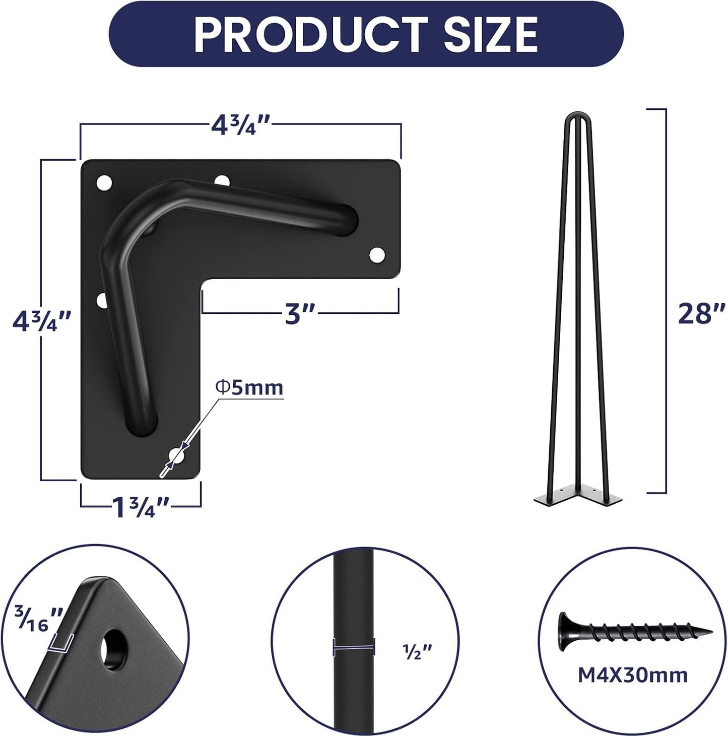 SMARTSTANDARD 28 Inch Hairpin Table Legs, 3 Steel Rods 1/2 Inch Pipe Diameter, 800lbs Load Capacity, Mid-Century Style for Coffee Table, Side Table, Night Stand (Black, 4PCS)
