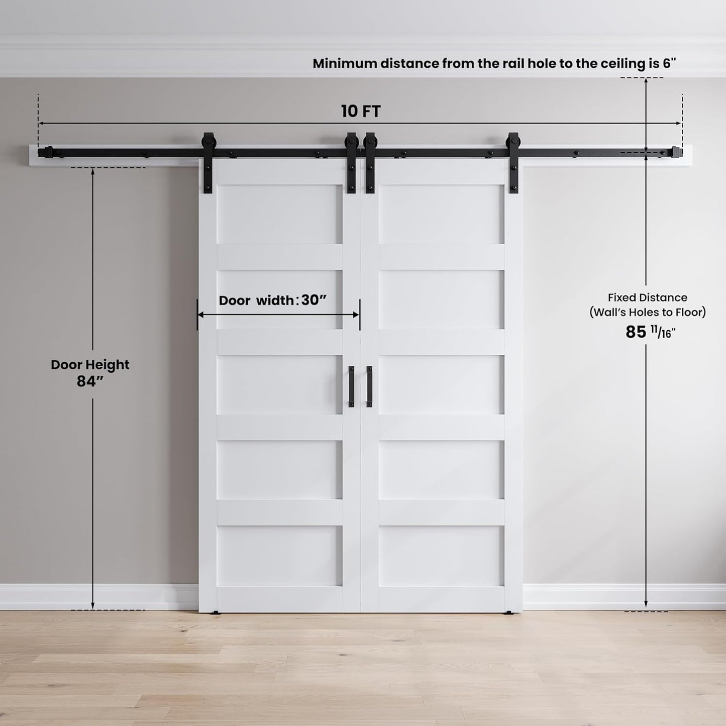 SMARTSTANDARD 60in x 84in White Barn Door with 10FT Sliding Hardware Kit | Double 30x84 Door, Solid MDF Slab, 5-Panel, Suitable for Openings up to 58in x 82in
