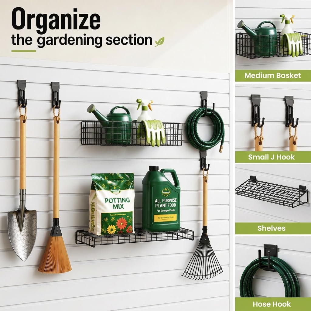 SMARTSTANDARD White Slatwall Panel Set, Wall Organizer for Garden Storage, Wall-Mount Wall Panels, PVC Slat Wall Panel with 31Pcs Garden Storage Accessories, Storage & Organization for Garden Tools