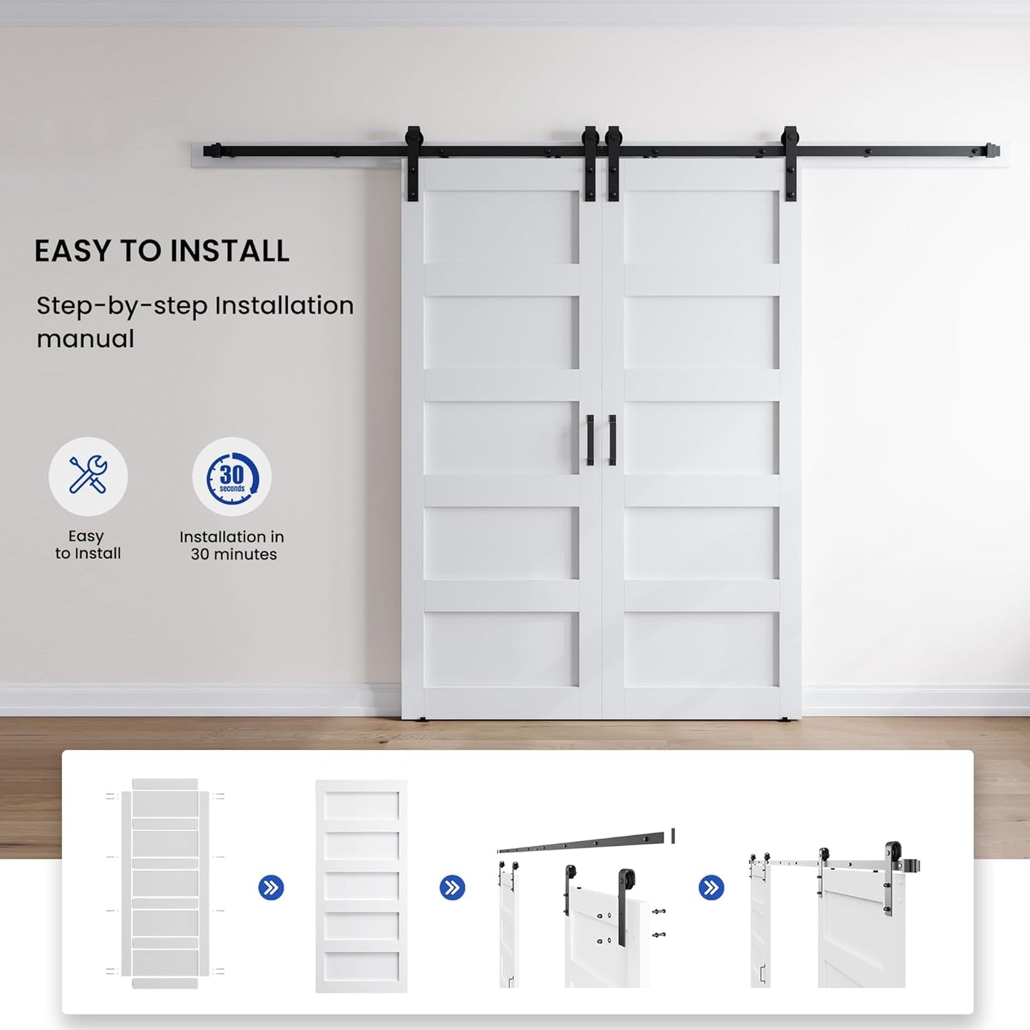 SMARTSTANDARD 60in x 84in White Barn Door with 10FT Sliding Hardware Kit | Double 30x84 Door, Solid MDF Slab, 5-Panel, Suitable for Openings up to 58in x 82in