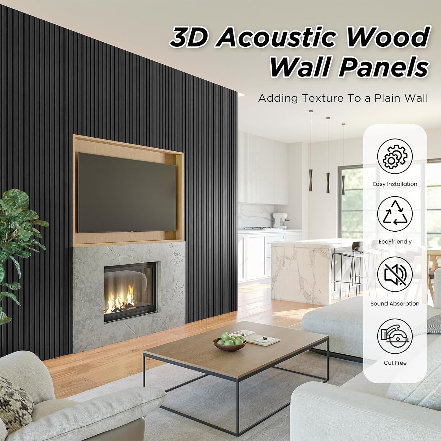 SMARTSTANDARD 4 Pack 106" x 12.6" Wood Slat Wall Panels, Deep Gray | Soundproof Wooden Wall Panels, Acoustic Wood Panels for Wall, 3D Fluted Wood Panels for Interior Wall Decor, Dark Gray