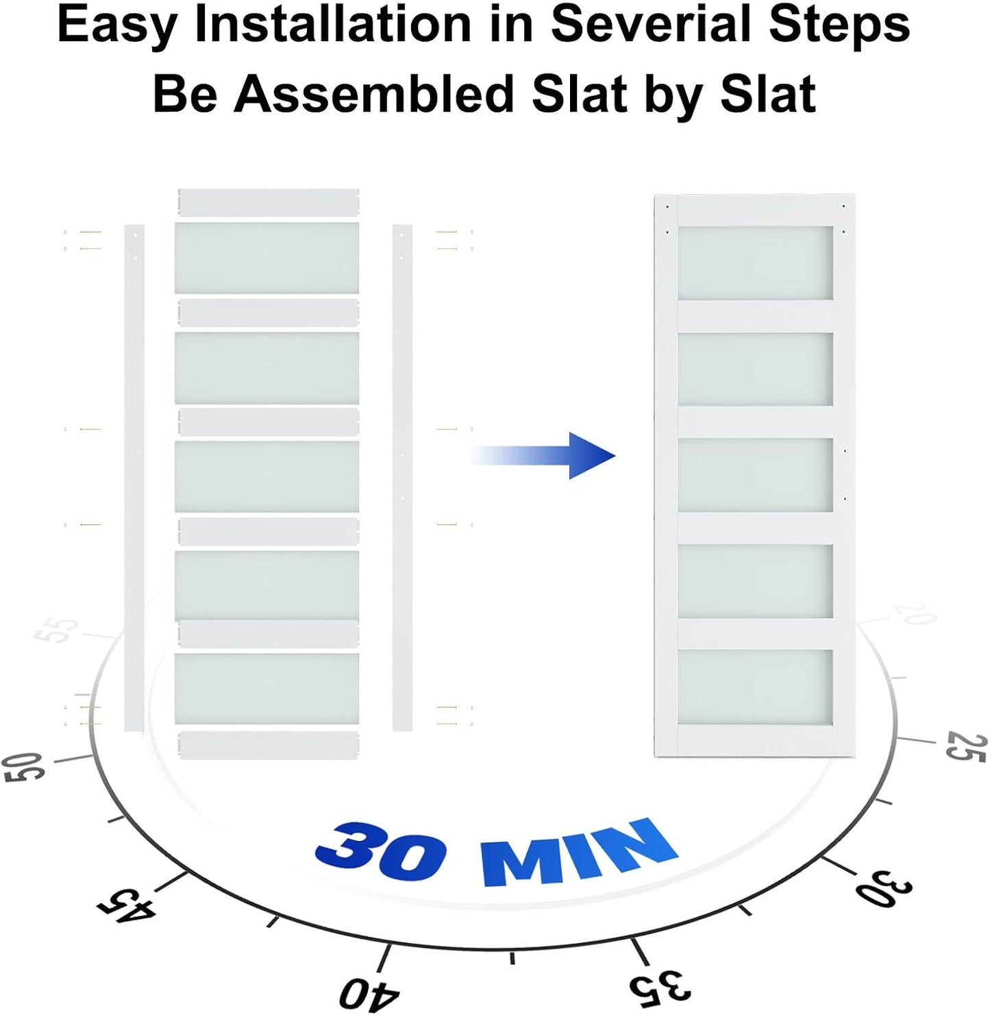SMARTSTANDARD 36 x 96 in Glass Barn Door with 6.6FT Sliding Hardware Kit | Pre-Drilled Ready to Assemble, Waterproof PVC Coating, White, 5-Panel Glass