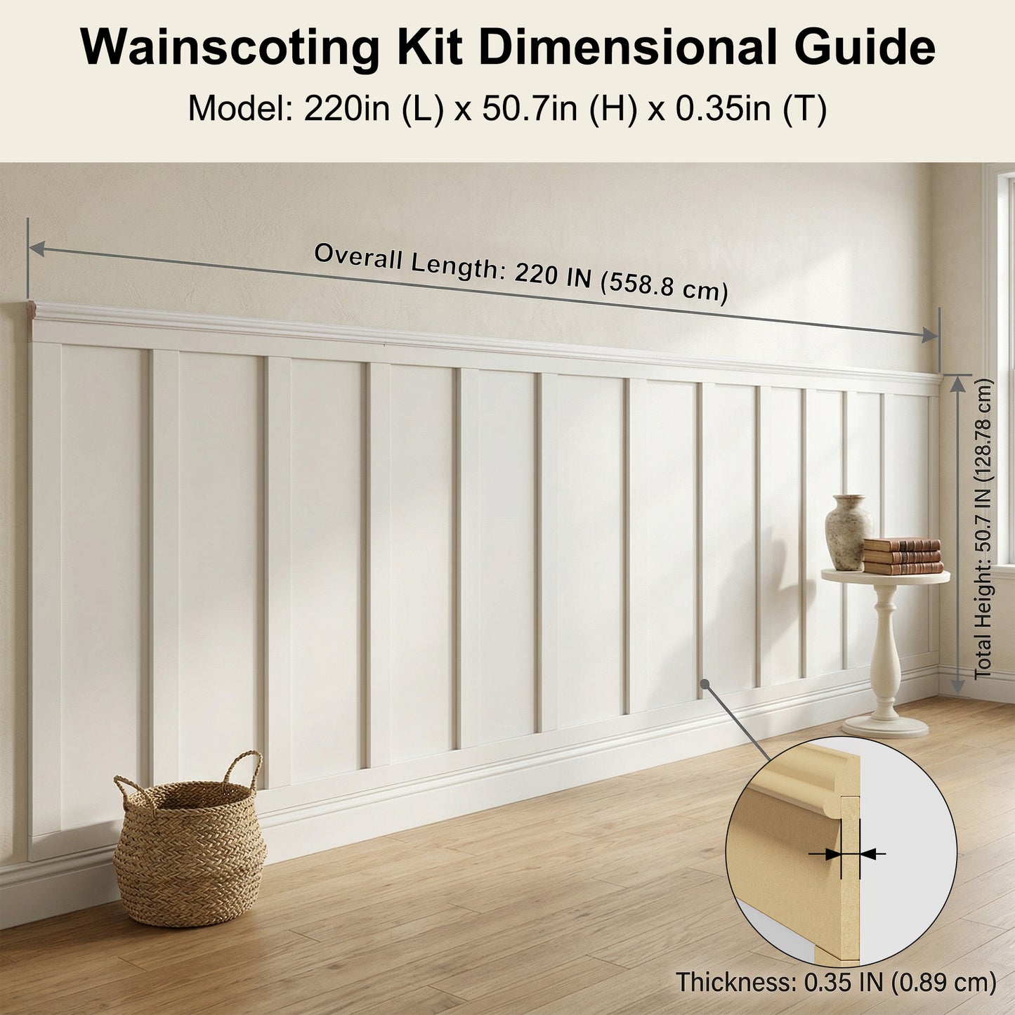 SMARTSTANDARD 220"x51" Premade Board and Batten Wainscoting Kit MDF