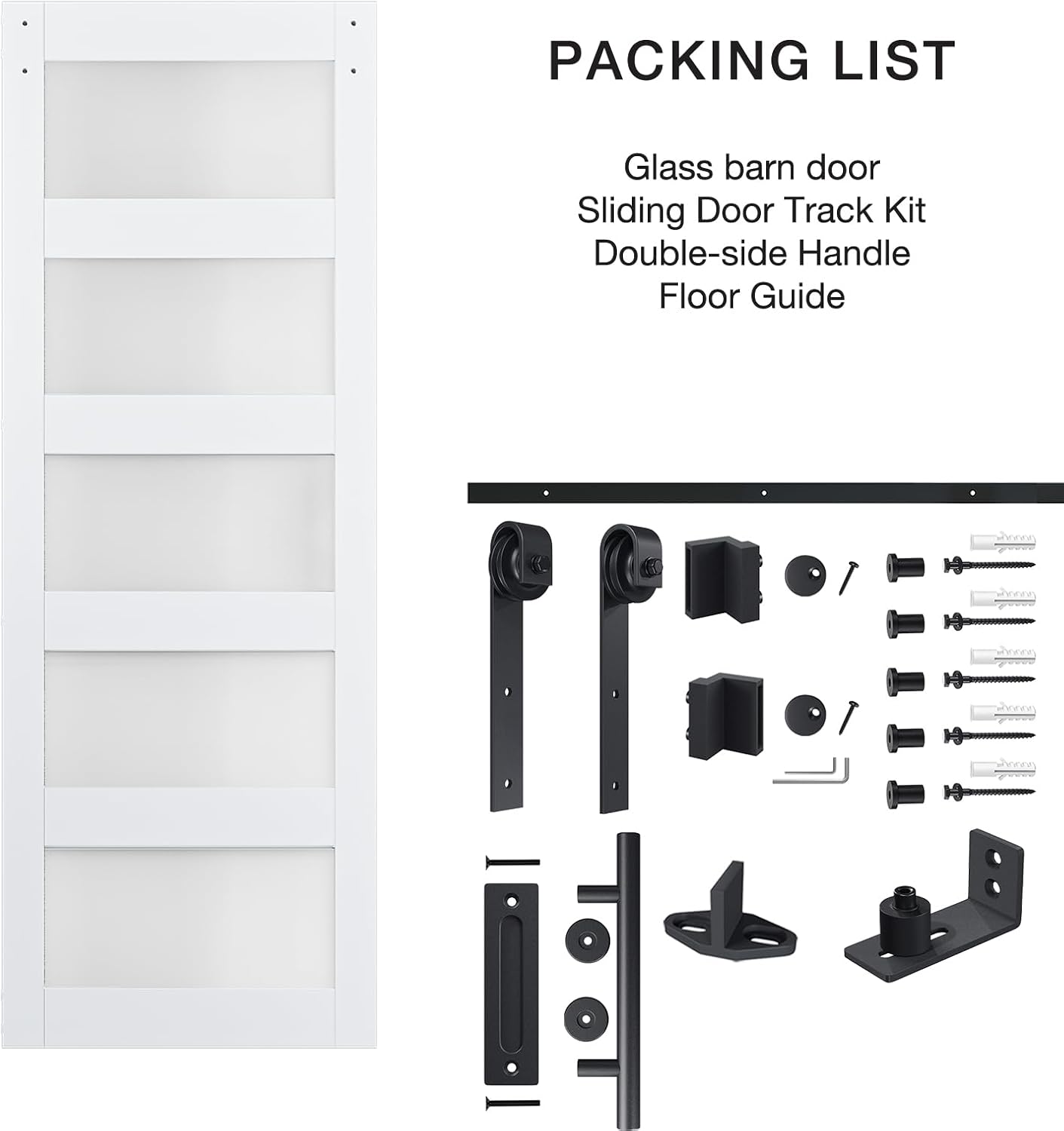 COSHOMER 30in x 84in 5-Panel Sliding Glass Barn Door with 4ft Hardware Kit,Easy Assembly with Pre-Drilled Holes, Waterproof, Frosted Glass for Bathroom-Fit Max Opening 28in x 82in