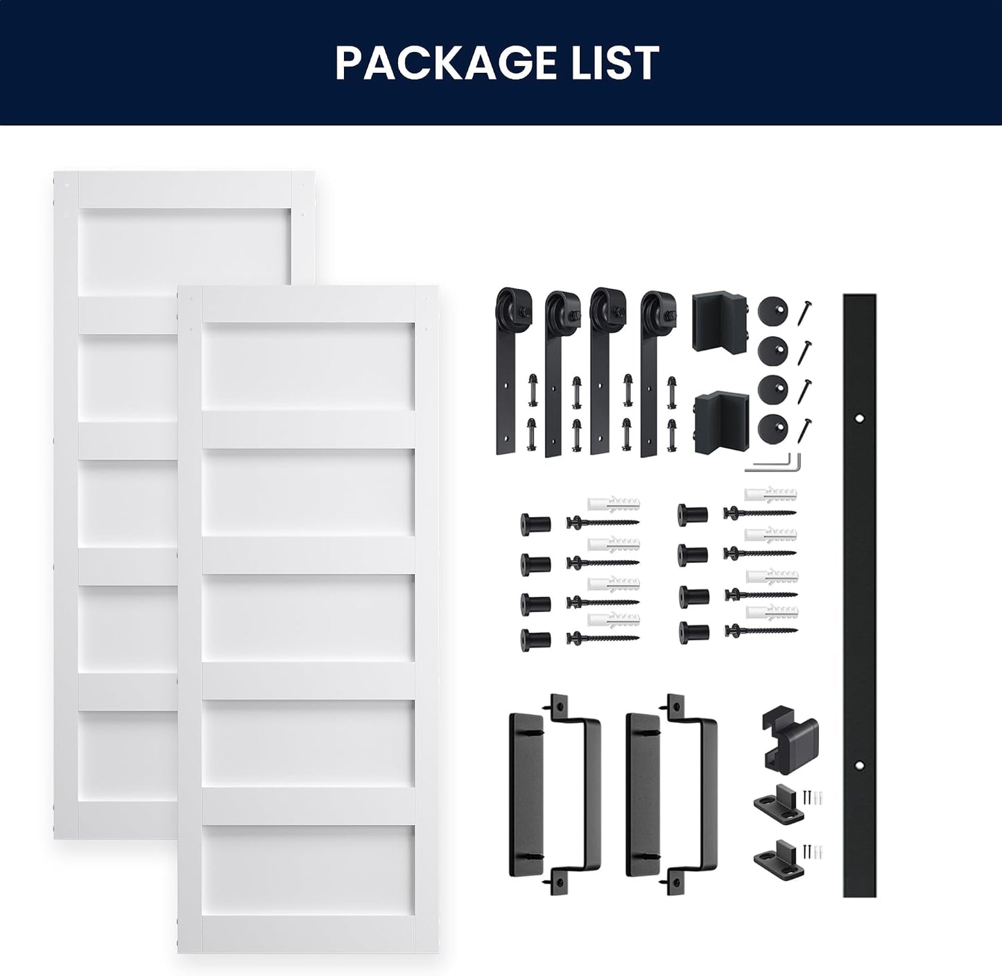 SMARTSTANDARD 60in x 84in White Barn Door with 10FT Sliding Hardware Kit | Double 30x84 Door, Solid MDF Slab, 5-Panel, Suitable for Openings up to 58in x 82in