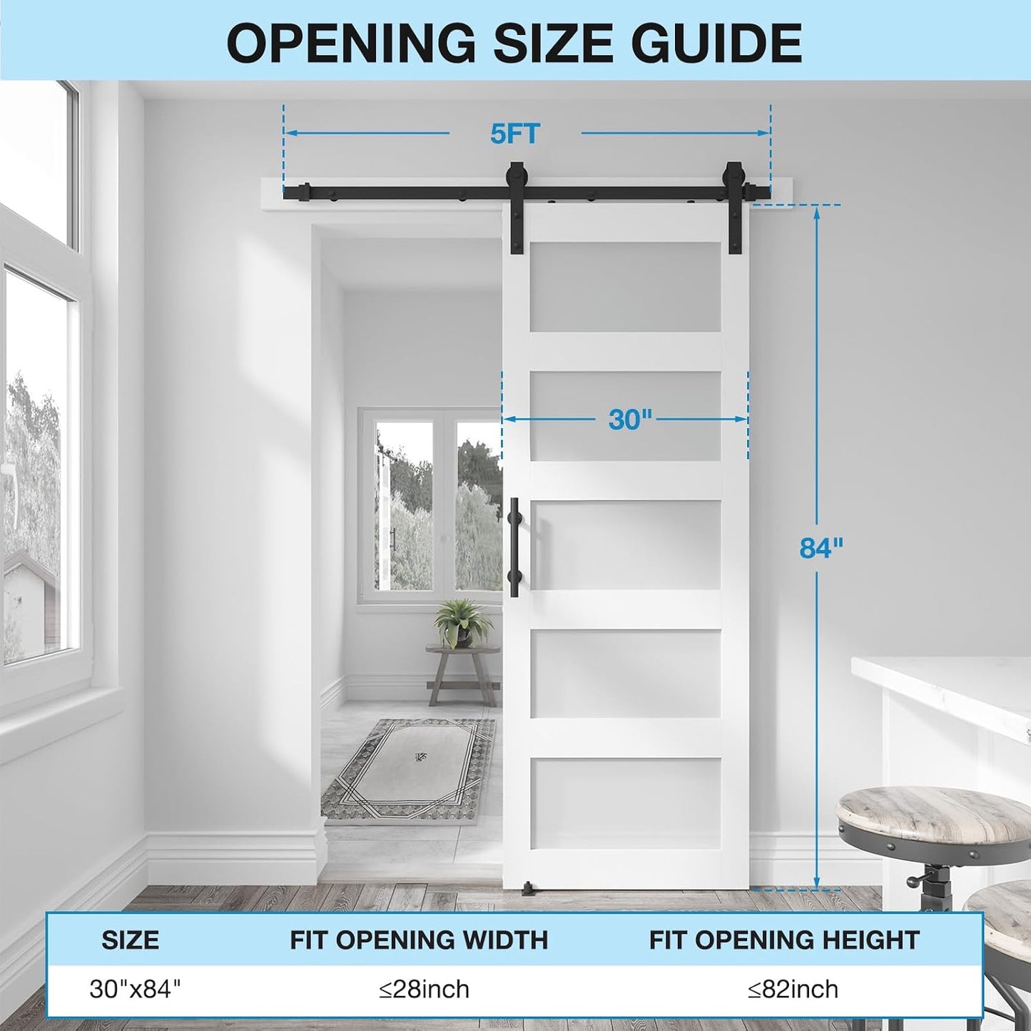COSHOMER 30in x 84in 5-Panel Sliding Glass Barn Door with 4ft Hardware Kit,Easy Assembly with Pre-Drilled Holes, Waterproof, Frosted Glass for Bathroom-Fit Max Opening 28in x 82in