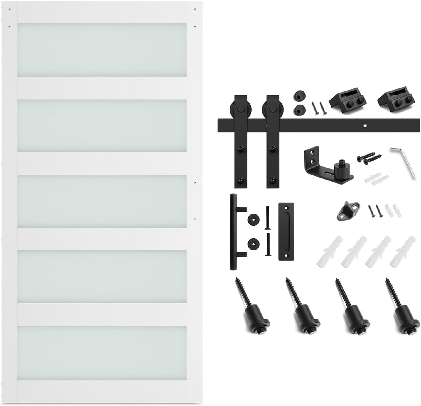 SMARTSTANDARD 42 x 96 in Glass Barn Door with 7FT Sliding Hardware Kit | Pre-Drilled Ready to Assemble, Waterproof PVC Coating, White, 5-Panel Glass