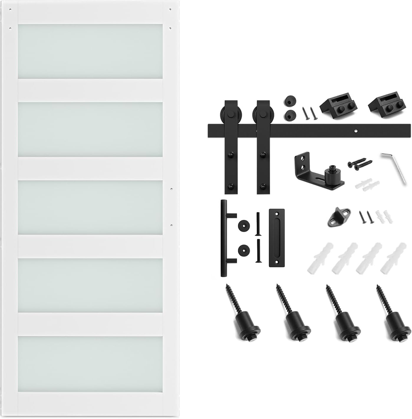 SMARTSTANDARD 36 x 96 in Glass Barn Door with 6.6FT Sliding Hardware Kit | Pre-Drilled Ready to Assemble, Waterproof PVC Coating, White, 5-Panel Glass