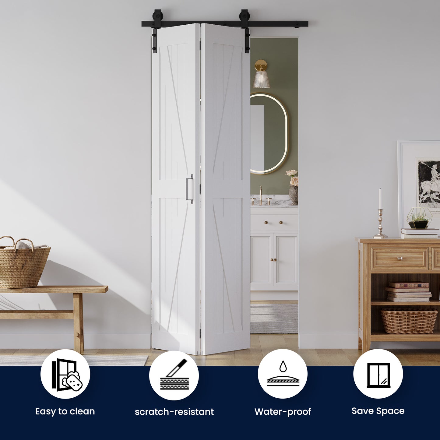 SMARTSTANDARD 28" x 84" Bifold Sliding Barn Door, K Shaped Panel with Sliding Hardware Kit Set, Finished Closet Door Slab, 2.67FT Track for 2 Doors, MDF, White