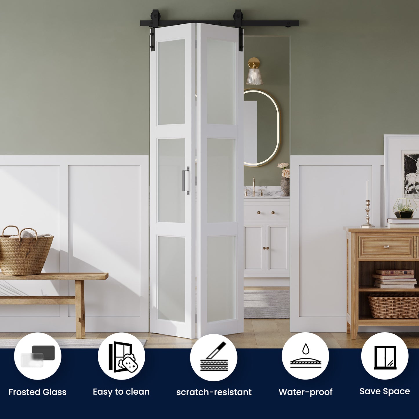 SMARTSTANDARD 24 x 84in Frosted Glass Bifold Barn Door with Hardware Kit, Pre-Drilled Holes Easy Assembly -Solid Barn Doors Slab Covered with Water-Proof PVC Surface, White