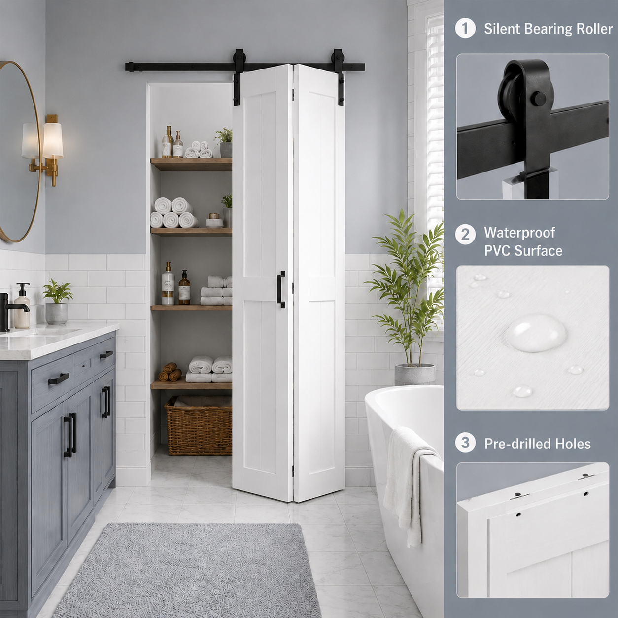 SMARTSTANDARD 30" x 84" H-Shape Bifold Barn Door with Hardware Kits | Double 15" MDF Panels Bi-Fold Closet Doors, Waterproof PVC Surface, Pre-Drilled Folding Doors for Bedroom Pantry