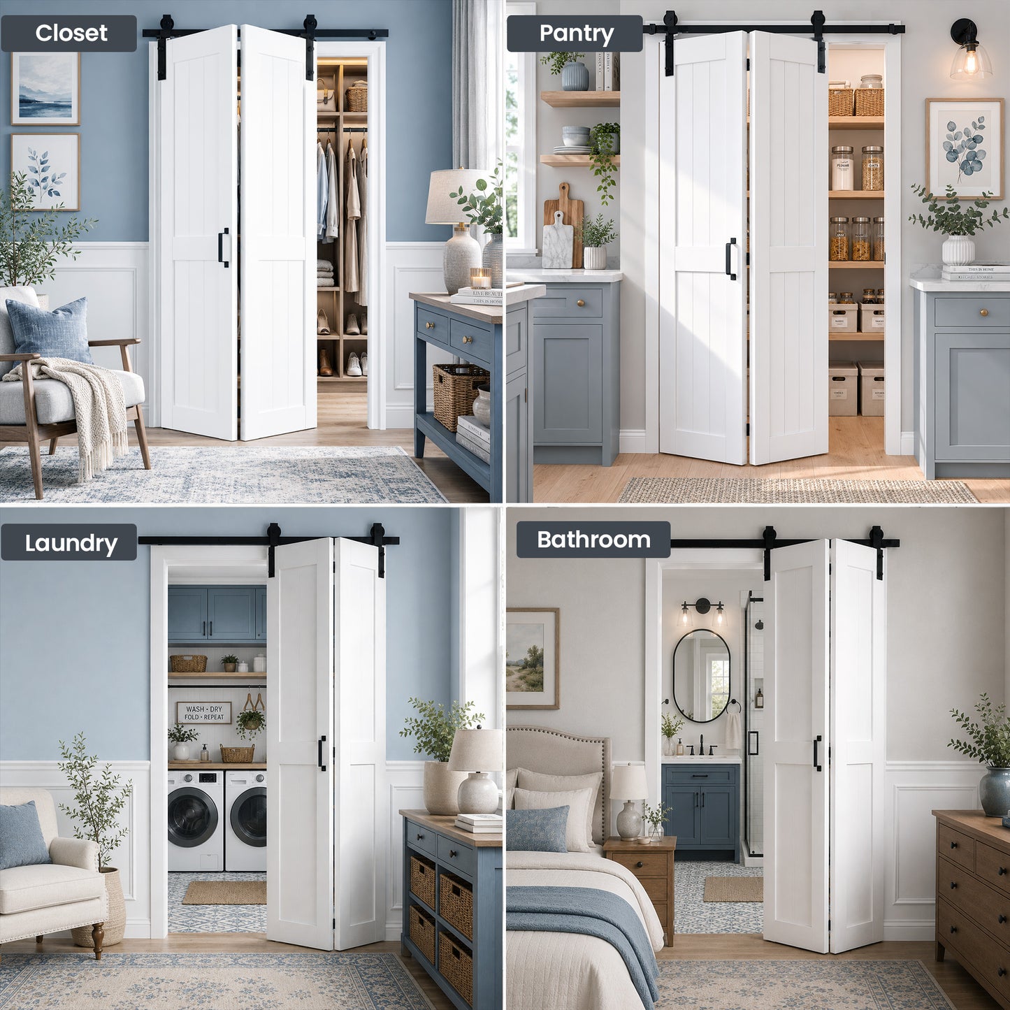 SMARTSTANDARD 30" x 84" H-Shape Bifold Barn Door with Hardware Kits | Double 15" MDF Panels Bi-Fold Closet Doors, Waterproof PVC Surface, Pre-Drilled Folding Doors for Bedroom Pantry