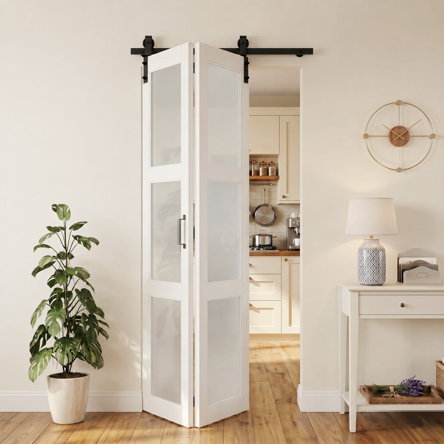 SMARTSTANDARD 28" x 84" (Double 14") Bifold Barn Door with Hardware Kit | MDF Bifold Closet Doors, 3-Lite Frosted Glass Panels, Pre-Drilled, Waterproof PVC Coated Folding Door for Pantry, Bedroom