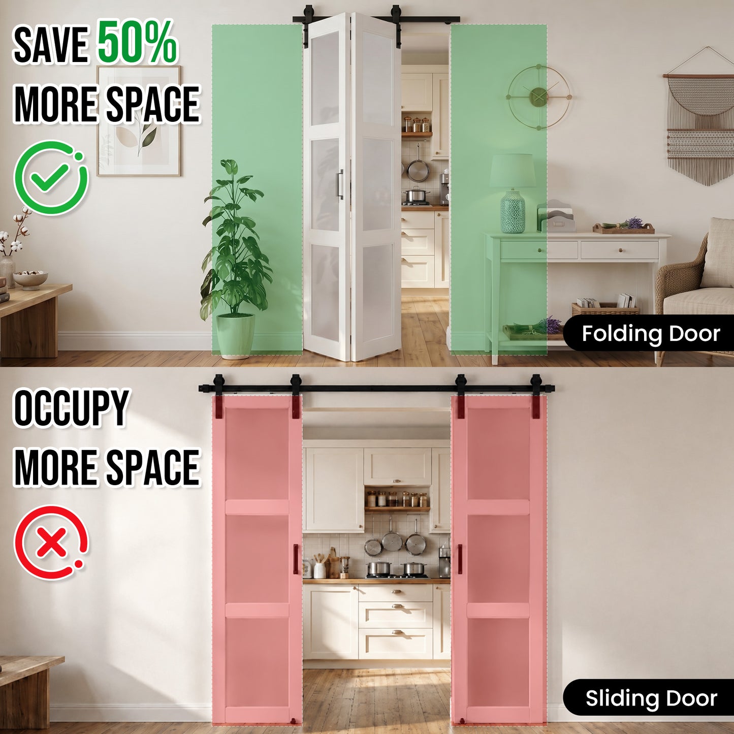 SMARTSTANDARD 36" x 84" Bifold Barn Door, 3-Lite Frosted Glass Panels | Double 18" MDF Folding Door, Hardware Kit Included, Bi-fold Closet Barn Doors for Bedrooms, Pantry, Pre-Drilled, Easy Install