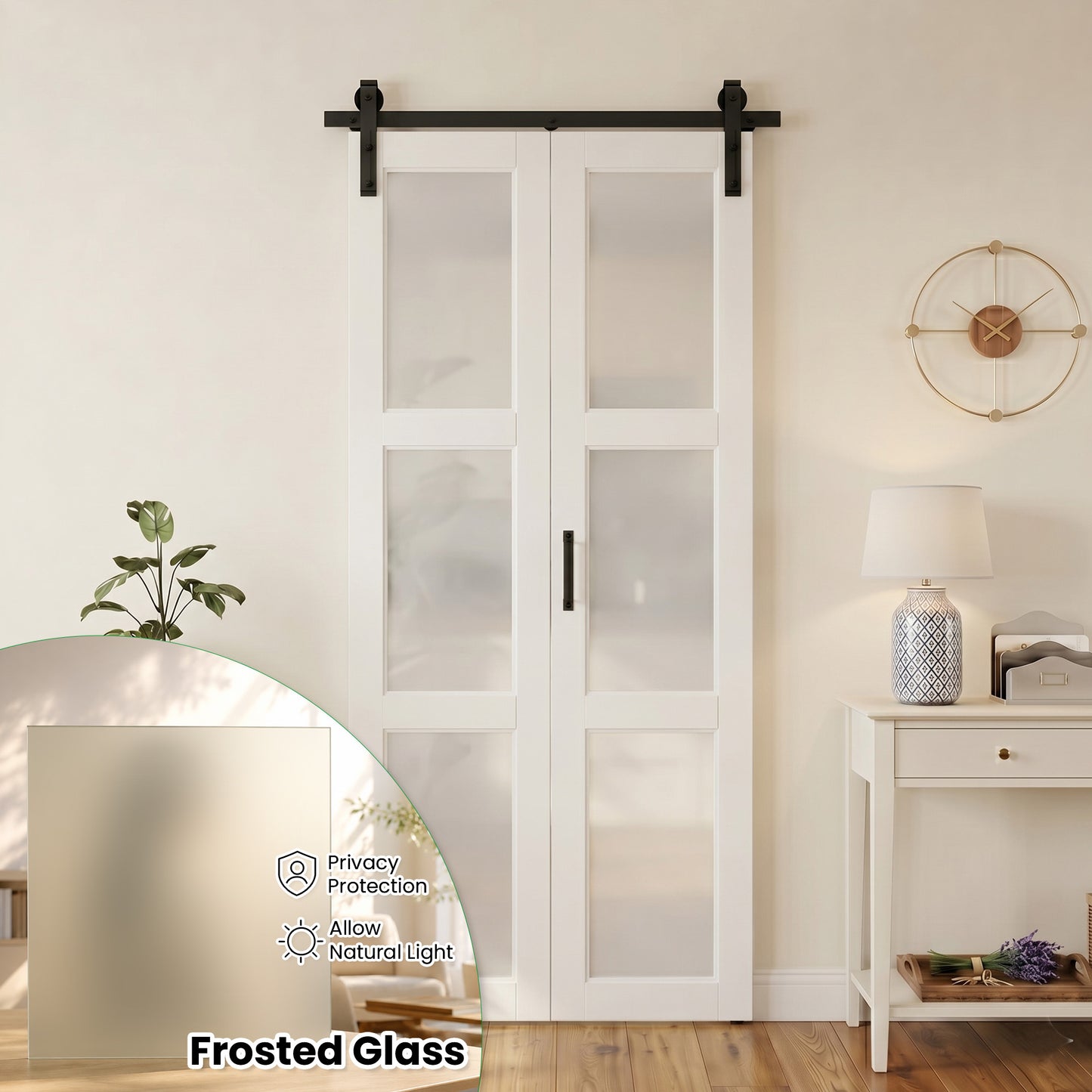SMARTSTANDARD 30" x 84" (Double 15") Bifold Barn Door with Hardware Kit | MDF Bifold Closet Doors, 3-Lite Frosted Glass Panels, Pre-Drilled, Waterproof PVC Coated Folding Door for Pantry, Bedroom