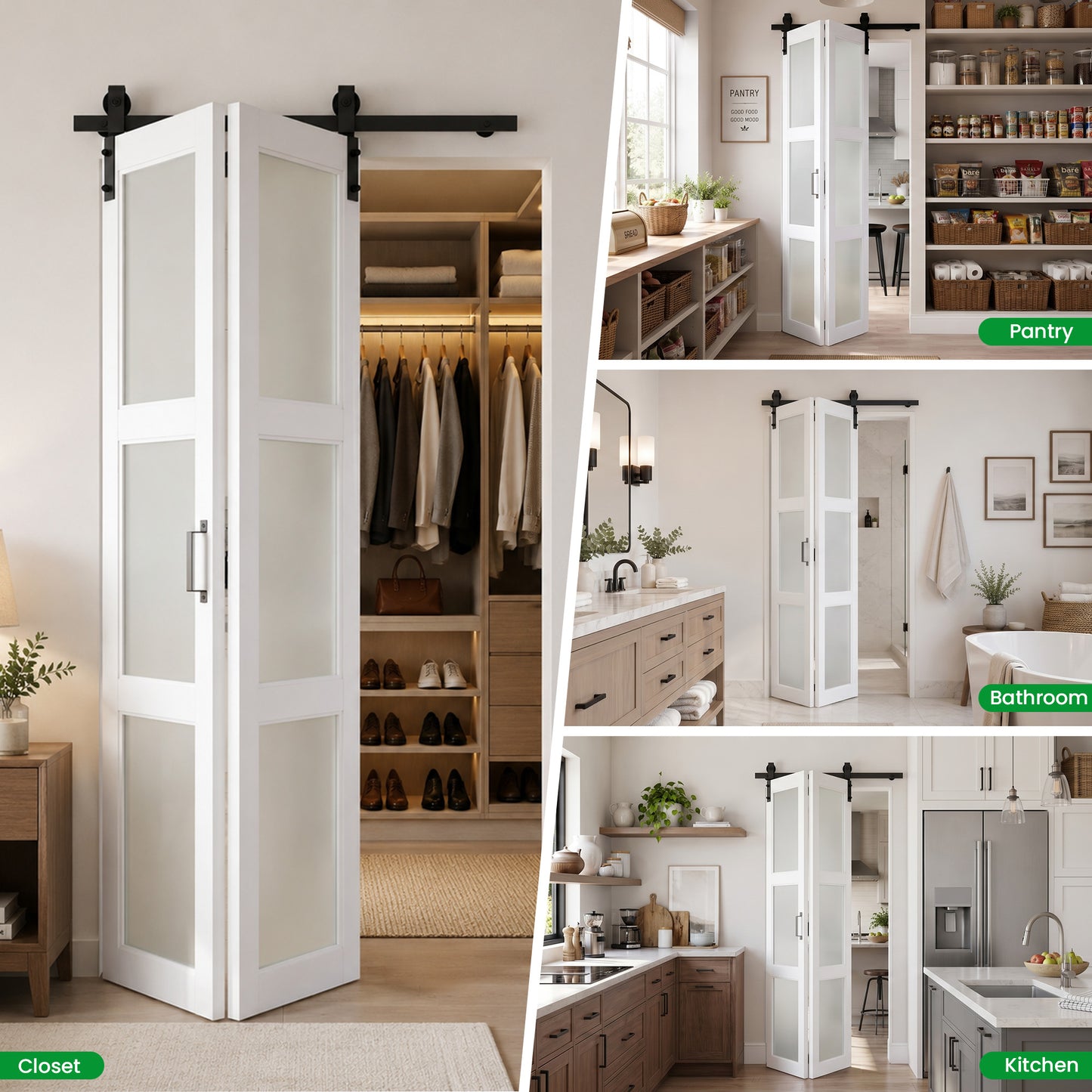 SMARTSTANDARD 28" x 84" (Double 14") Bifold Barn Door with Hardware Kit | MDF Bifold Closet Doors, 3-Lite Frosted Glass Panels, Pre-Drilled, Waterproof PVC Coated Folding Door for Pantry, Bedroom
