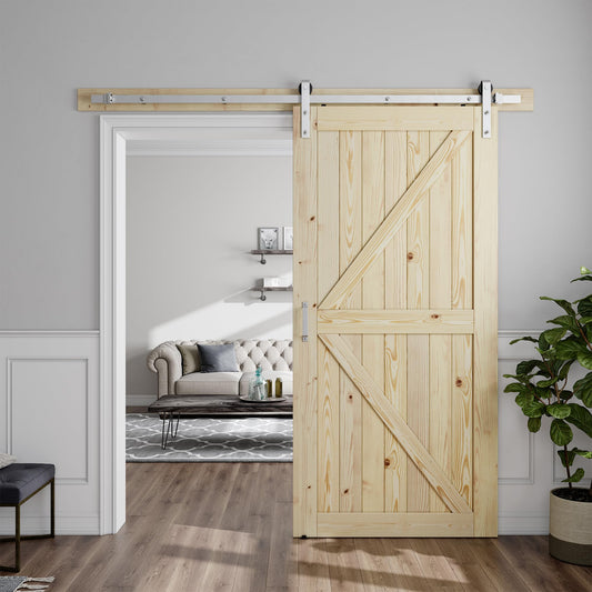 SMARTSTANDARD 42in x 80in Sliding Barn Door with Brushed Nickel Hardware | 7FT Track Kit & Handle, Assembly is Required, DIY Unfinished Solid Spruce Wood Panelled Slab, K-Frame