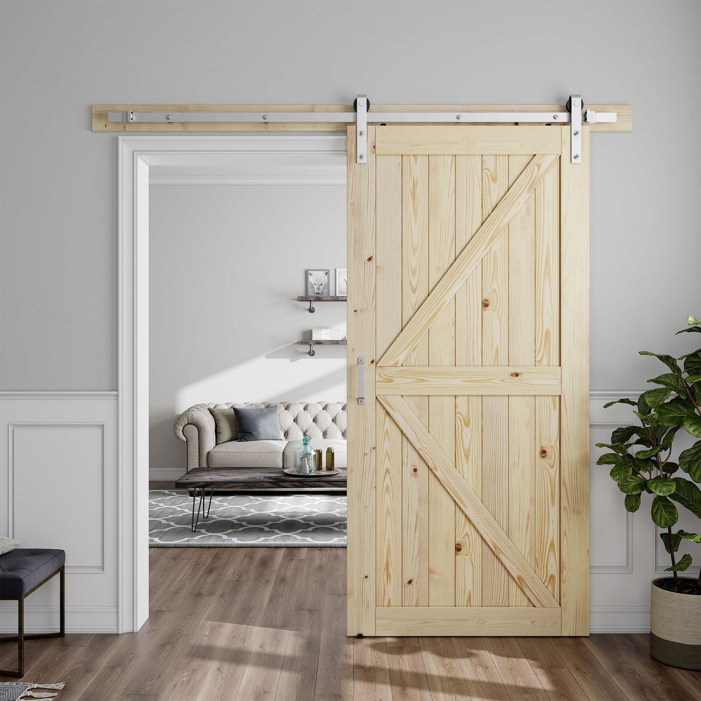 SMARTSTANDARD 42in x 84in Sliding Barn Door with Brushed Nickel Hardware | 7FT Track Kit & Handle, Assembly is Required, DIY Unfinished Solid Spruce Wood Panelled Slab, K-Frame