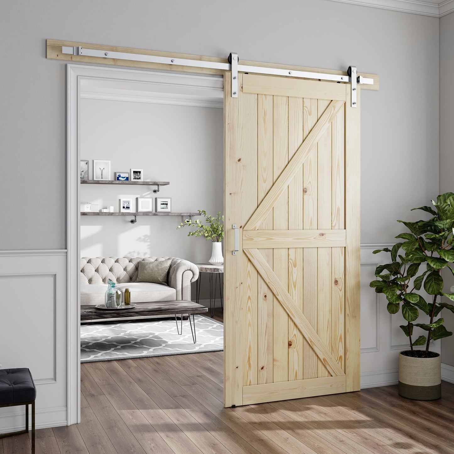 SMARTSTANDARD 42in x 84in Sliding Barn Door with Brushed Nickel Hardware | 7FT Track Kit & Handle, Assembly is Required, DIY Unfinished Solid Spruce Wood Panelled Slab, K-Frame