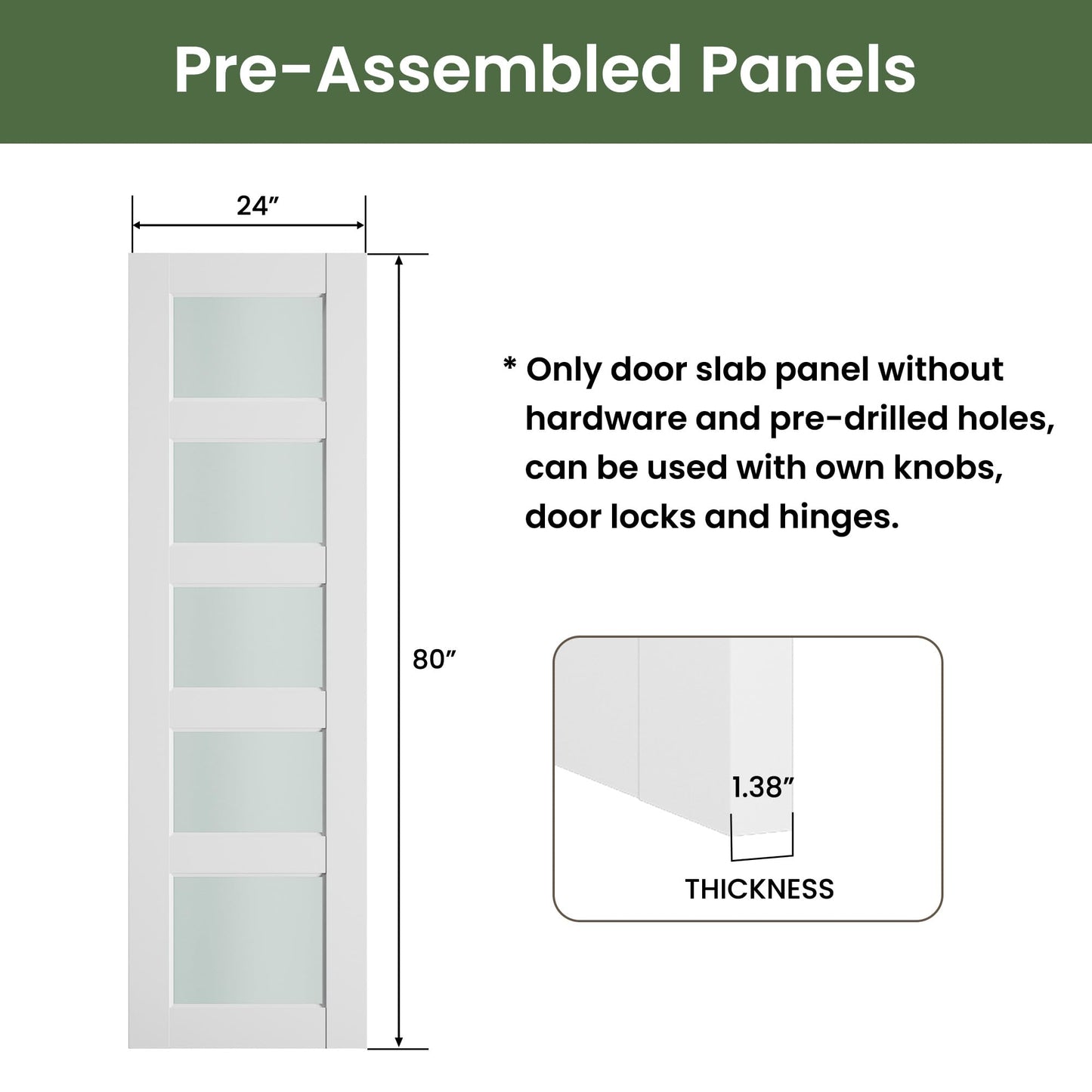 SMARTSTANDARD 24" x 80" Frosted Glass Pantry Door, Solid Core Slab Door
